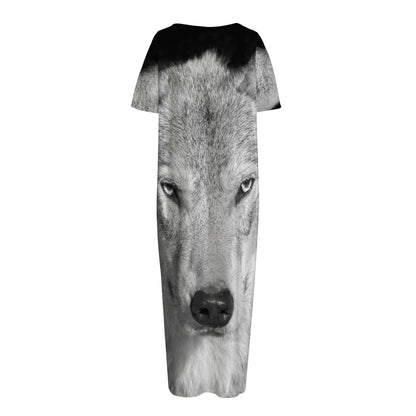 Monochrome Wolf Print Short Sleeve Long Nightdress