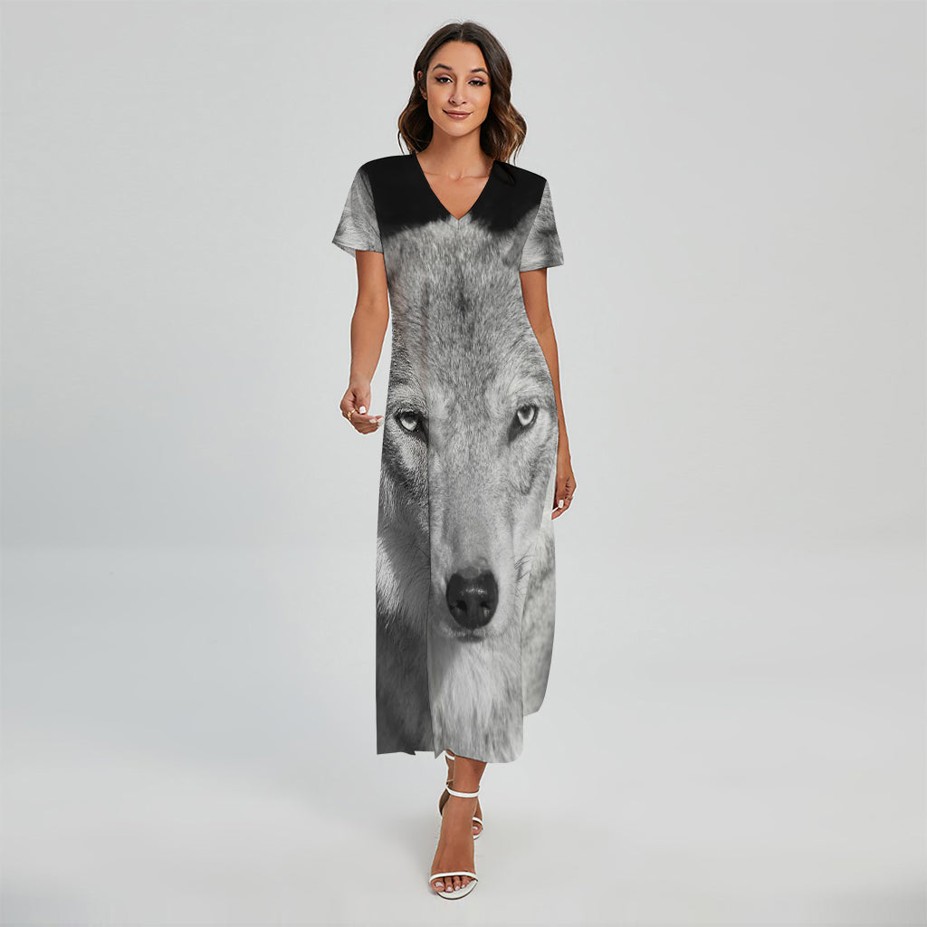 Monochrome Wolf Print Short Sleeve Maxi Dress