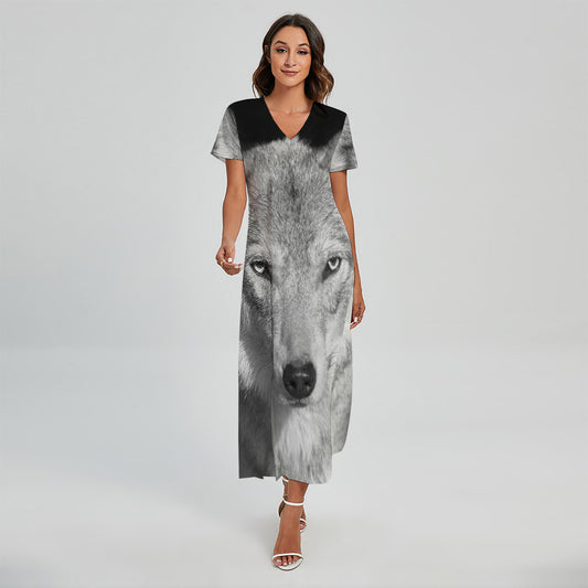 Monochrome Wolf Print Short Sleeve Maxi Dress