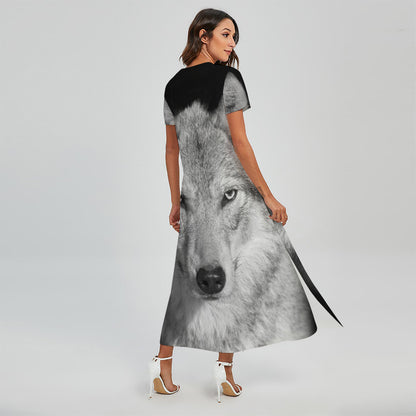 Monochrome Wolf Print Short Sleeve Maxi Dress