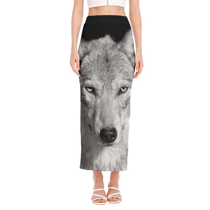 Monochrome Wolf Print Side Slit Maxi Skirt