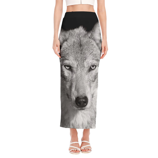 Monochrome Wolf Print Side Slit Maxi Skirt