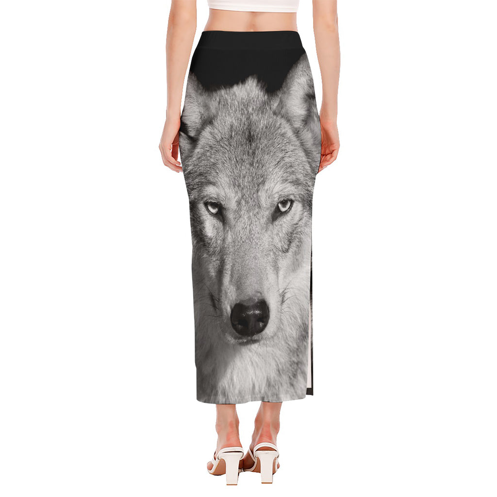 Monochrome Wolf Print Side Slit Maxi Skirt