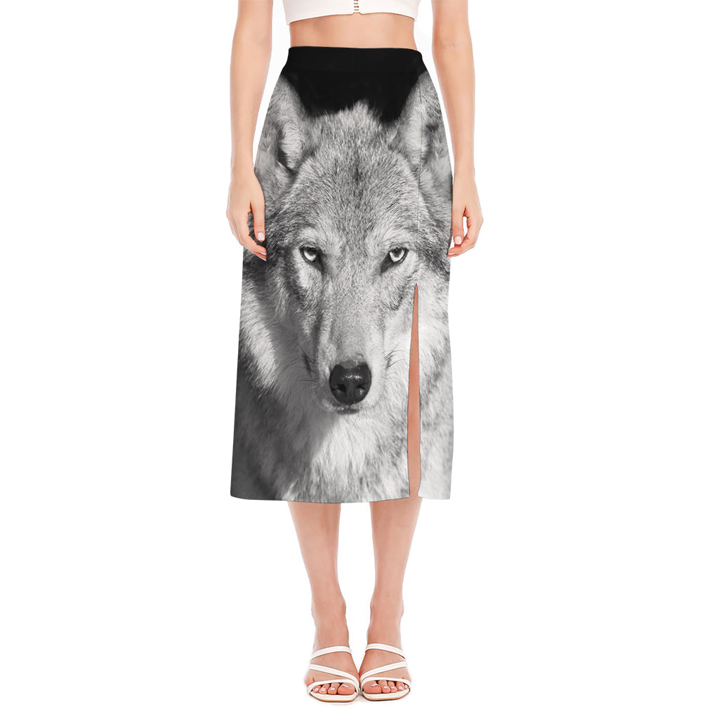 Monochrome Wolf Print Side Slit Midi Skirt