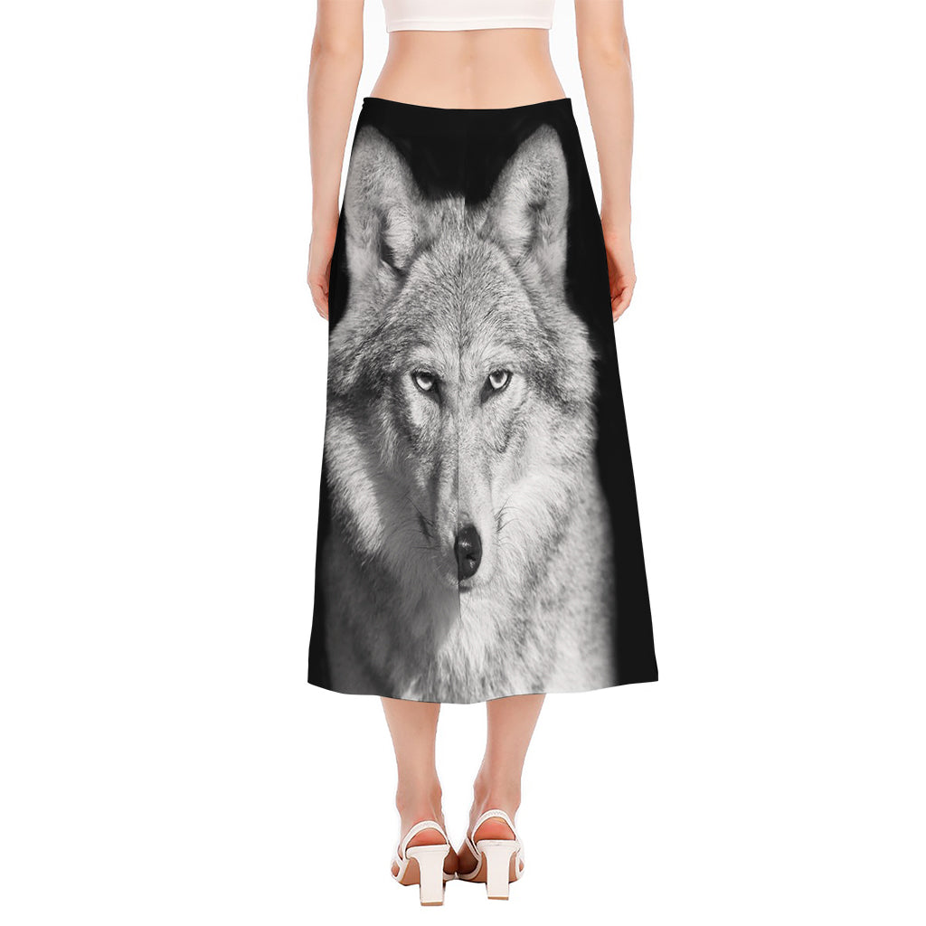 Monochrome Wolf Print Side Slit Midi Skirt