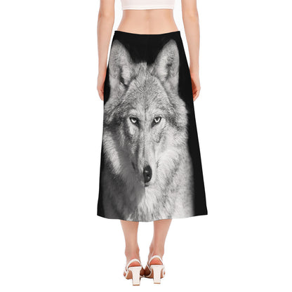 Monochrome Wolf Print Side Slit Midi Skirt