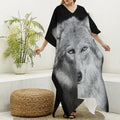 Monochrome Wolf Print Silk V-Neck Kaftan Dress