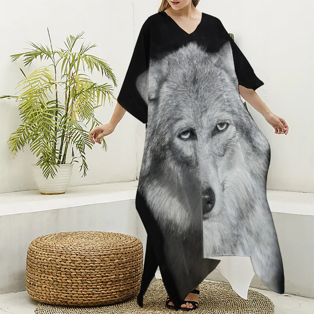 Monochrome Wolf Print Silk V-Neck Kaftan Dress