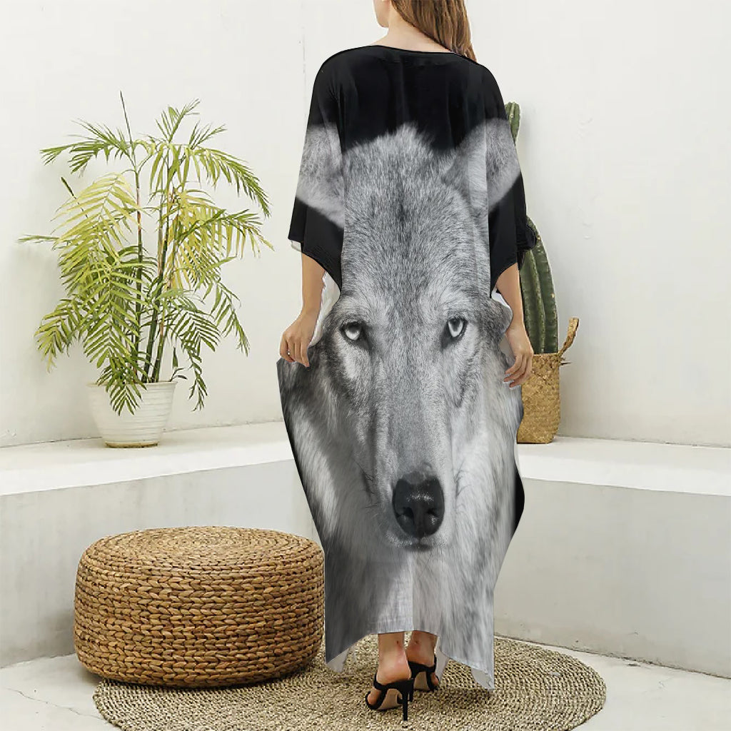 Monochrome Wolf Print Silk V-Neck Kaftan Dress