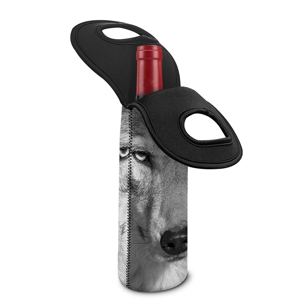 Monochrome Wolf Print Single Neoprene Wine Tote