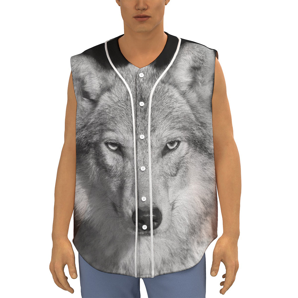 Monochrome Wolf Print Sleeveless Baseball Jersey