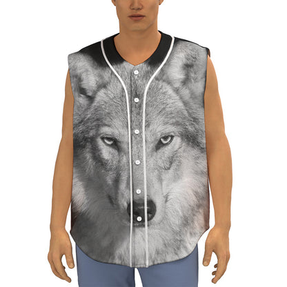Monochrome Wolf Print Sleeveless Baseball Jersey