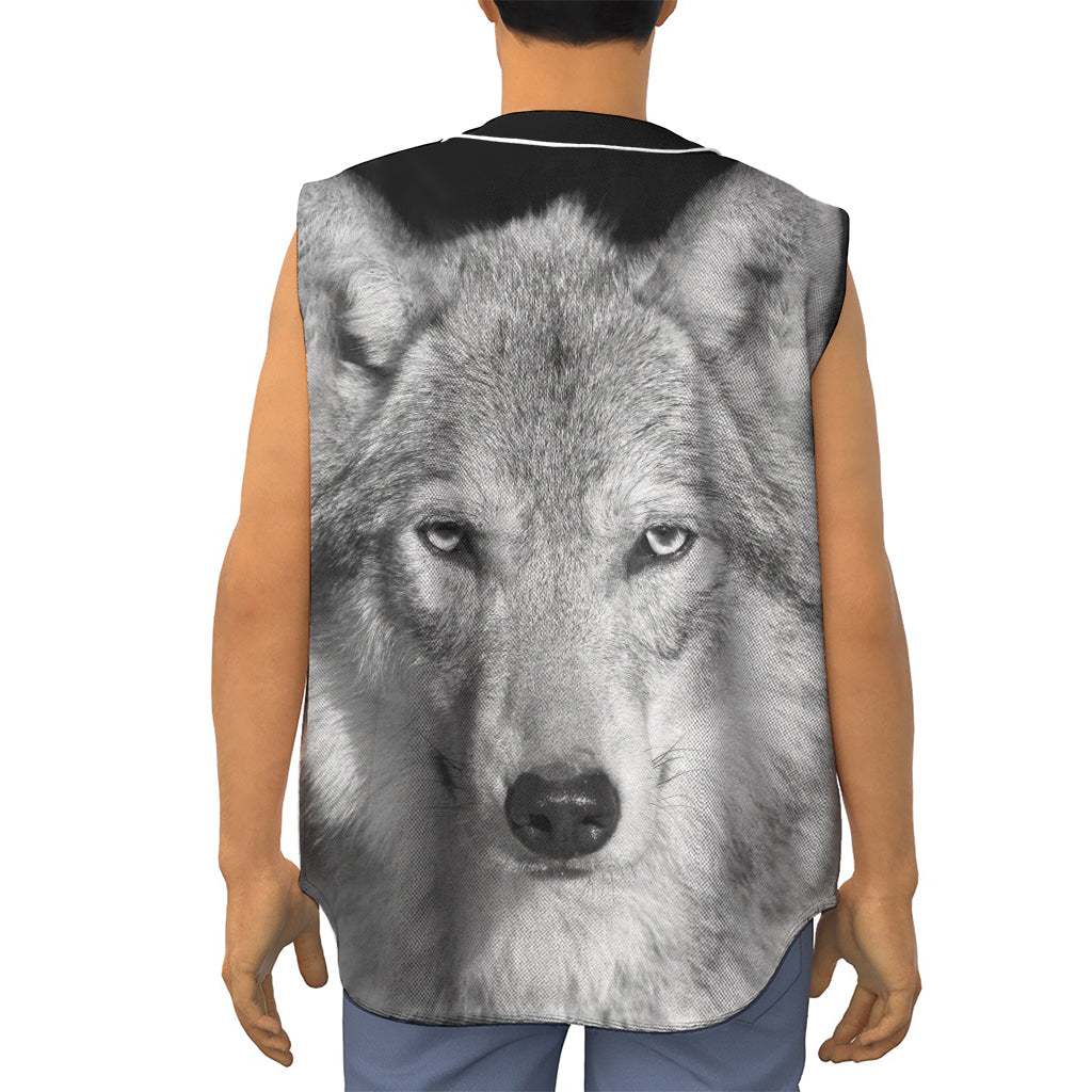 Monochrome Wolf Print Sleeveless Baseball Jersey