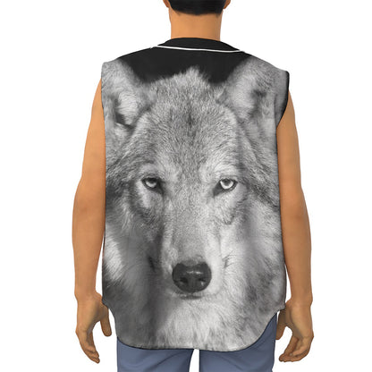 Monochrome Wolf Print Sleeveless Baseball Jersey