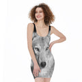 Monochrome Wolf Print Sleeveless Bodycon Dress