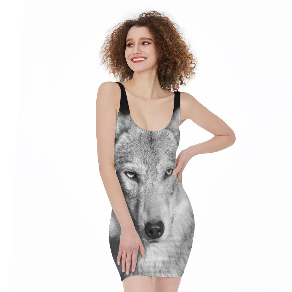 Monochrome Wolf Print Sleeveless Bodycon Dress