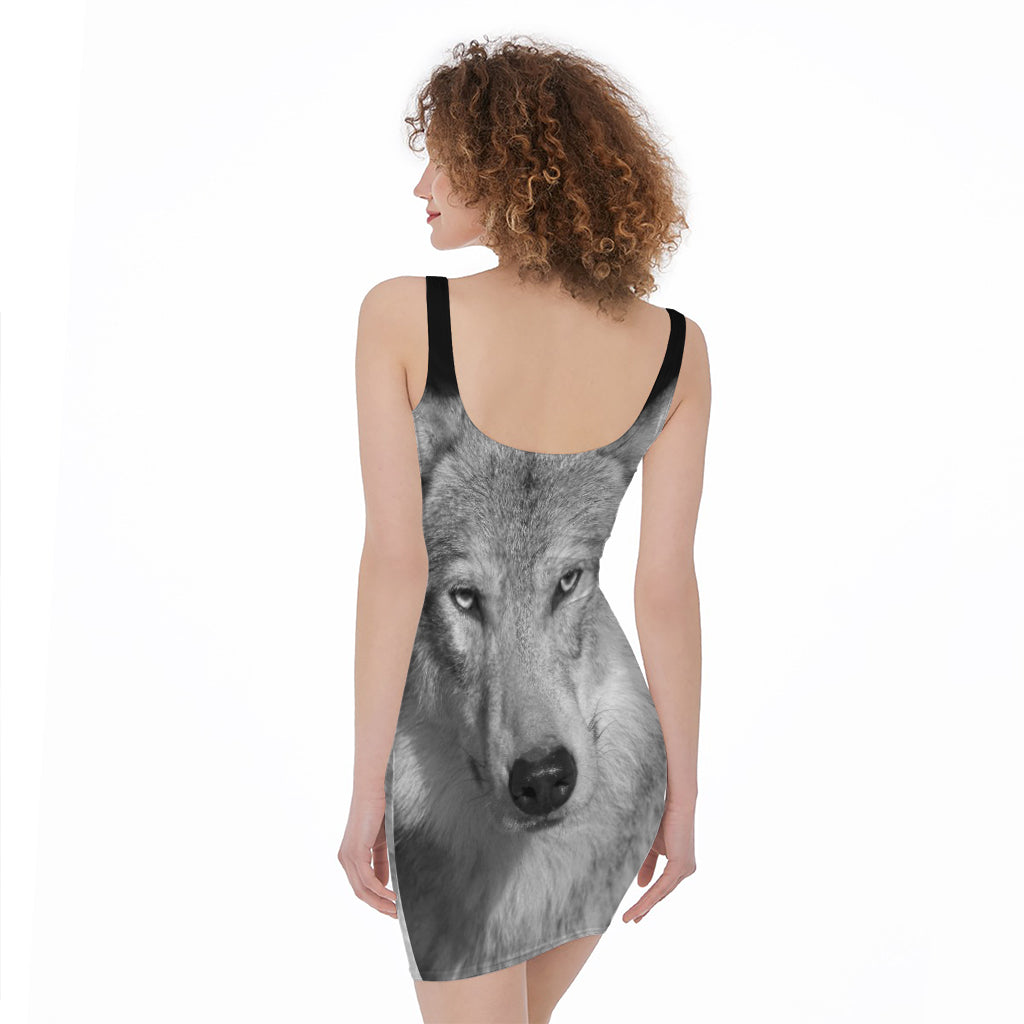 Monochrome Wolf Print Sleeveless Bodycon Dress