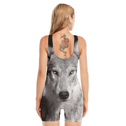 Monochrome Wolf Print Sleeveless One Piece Swimsuit