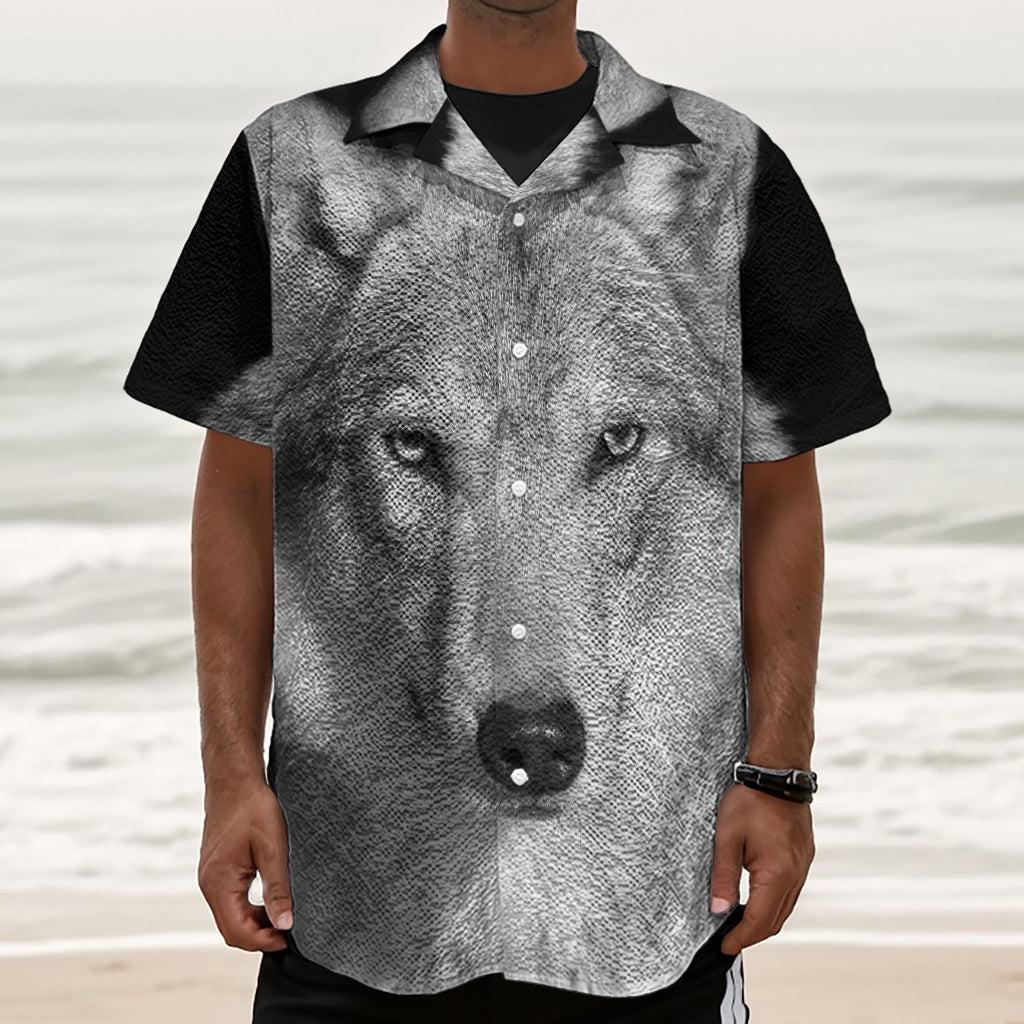 Monochrome Wolf Print Textured Short Sleeve Shirt