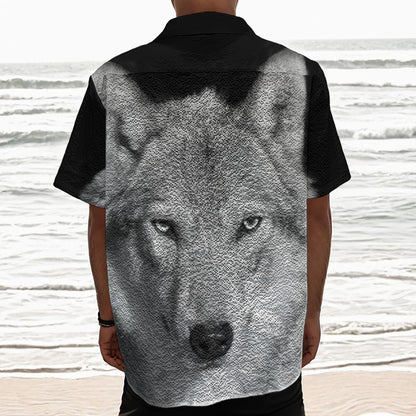 Monochrome Wolf Print Textured Short Sleeve Shirt