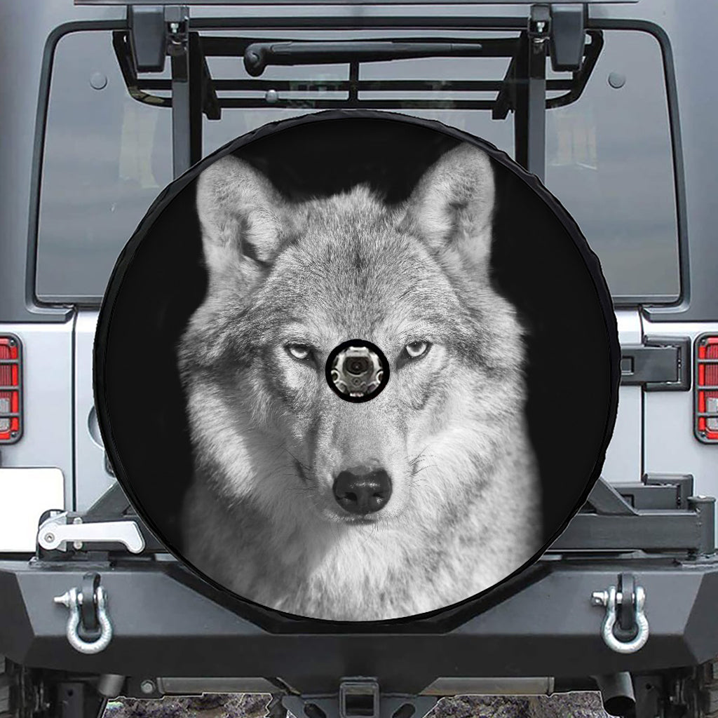 Monochrome Wolf Print Tire Cover With Camera Hole