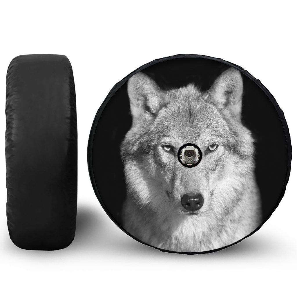 Monochrome Wolf Print Tire Cover With Camera Hole