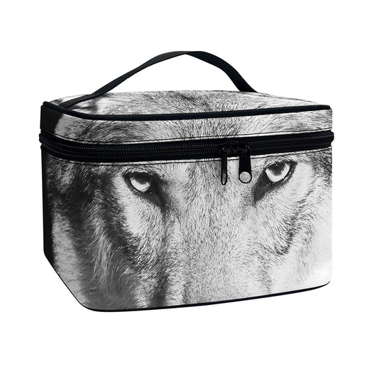 Monochrome Wolf Print Travel Makeup Bag
