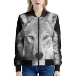 Monochrome Wolf Print Women's Bomber Jacket