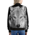 Monochrome Wolf Print Women's Bomber Jacket