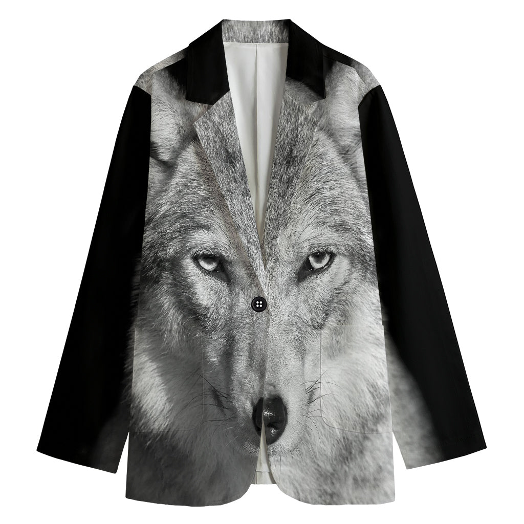 Monochrome Wolf Print Women's Cotton Blazer