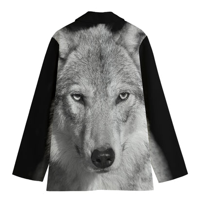 Monochrome Wolf Print Women's Cotton Blazer