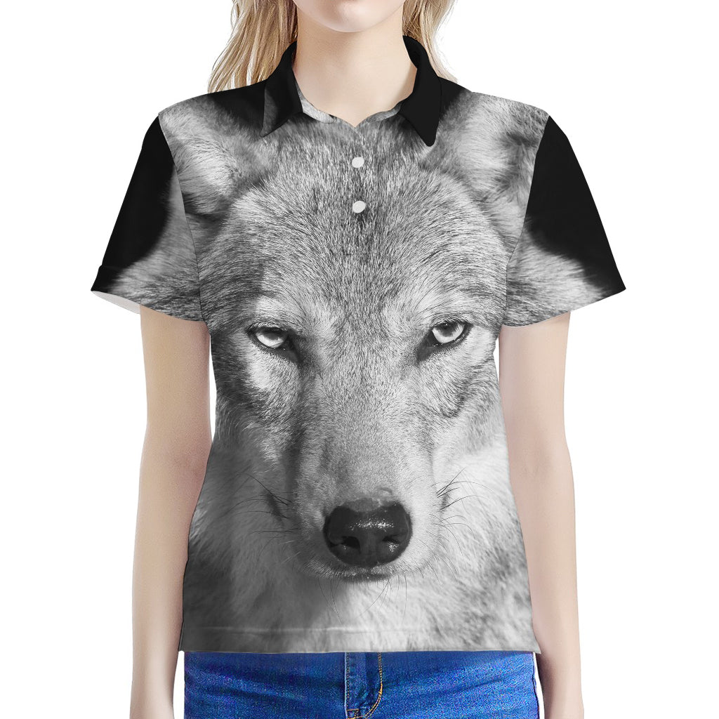 Monochrome Wolf Print Women's Polo Shirt