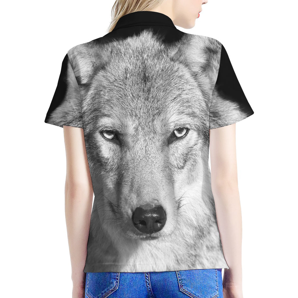 Monochrome Wolf Print Women's Polo Shirt