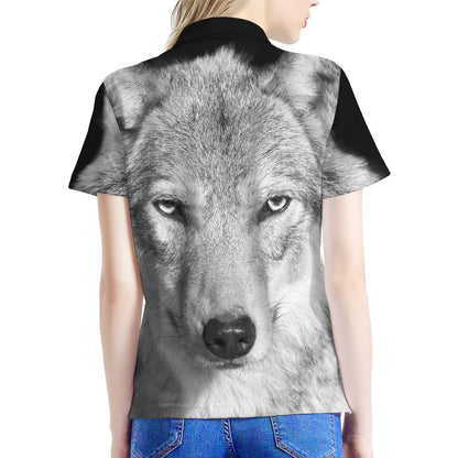 Monochrome Wolf Print Women's Polo Shirt