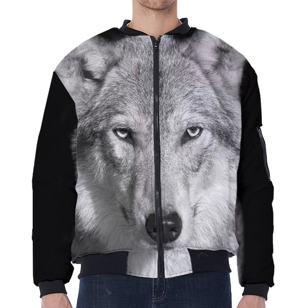 Monochrome Wolf Print Zip Sleeve Bomber Jacket