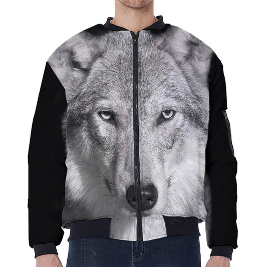 Monochrome Wolf Print Zip Sleeve Bomber Jacket