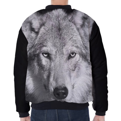 Monochrome Wolf Print Zip Sleeve Bomber Jacket