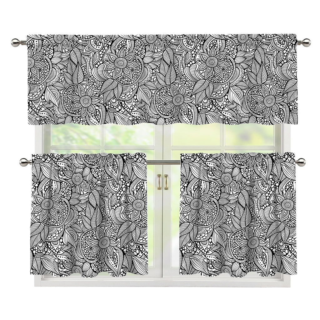 Monochrome Zentangle Pattern Print 3 Piece Kitchen Curtains