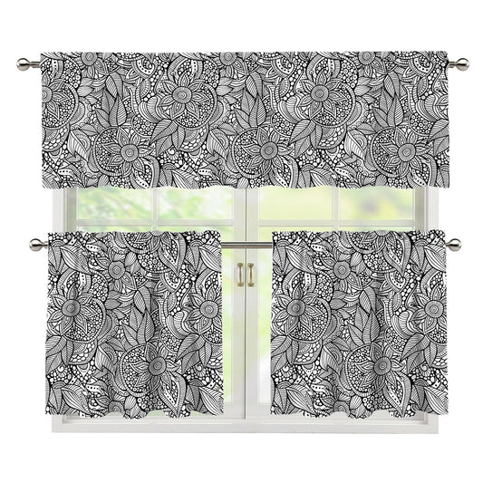 Monochrome Zentangle Pattern Print 3 Piece Kitchen Curtains