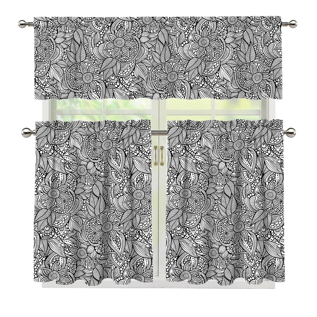 Monochrome Zentangle Pattern Print 3 Piece Kitchen Curtains