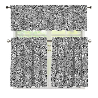 Monochrome Zentangle Pattern Print 3 Piece Kitchen Curtains