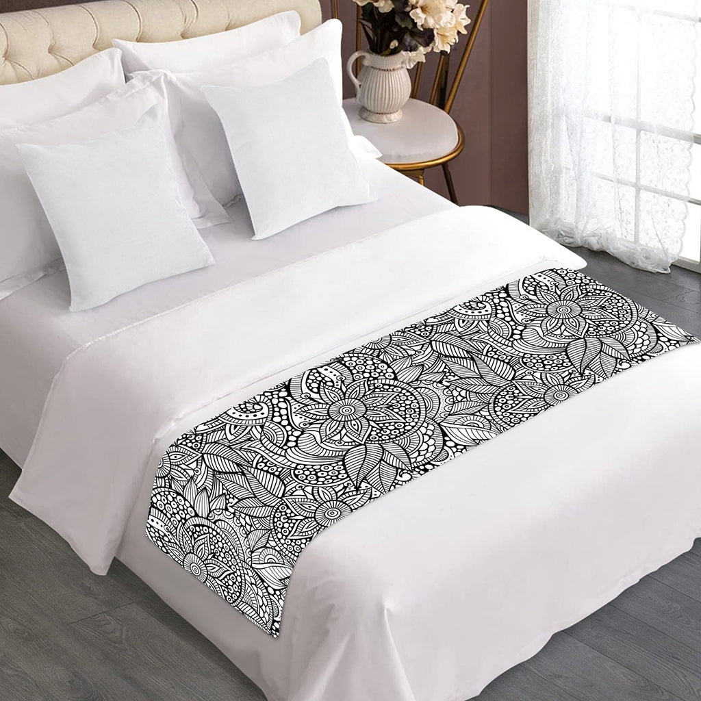 Monochrome Zentangle Pattern Print Bed Runner