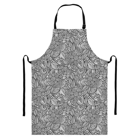 Monochrome Zentangle Pattern Print Bib Apron With Pocket