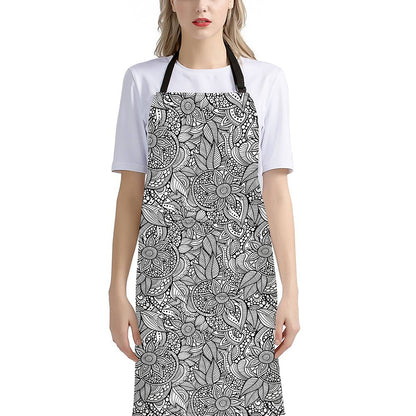 Monochrome Zentangle Pattern Print Bib Apron With Pocket