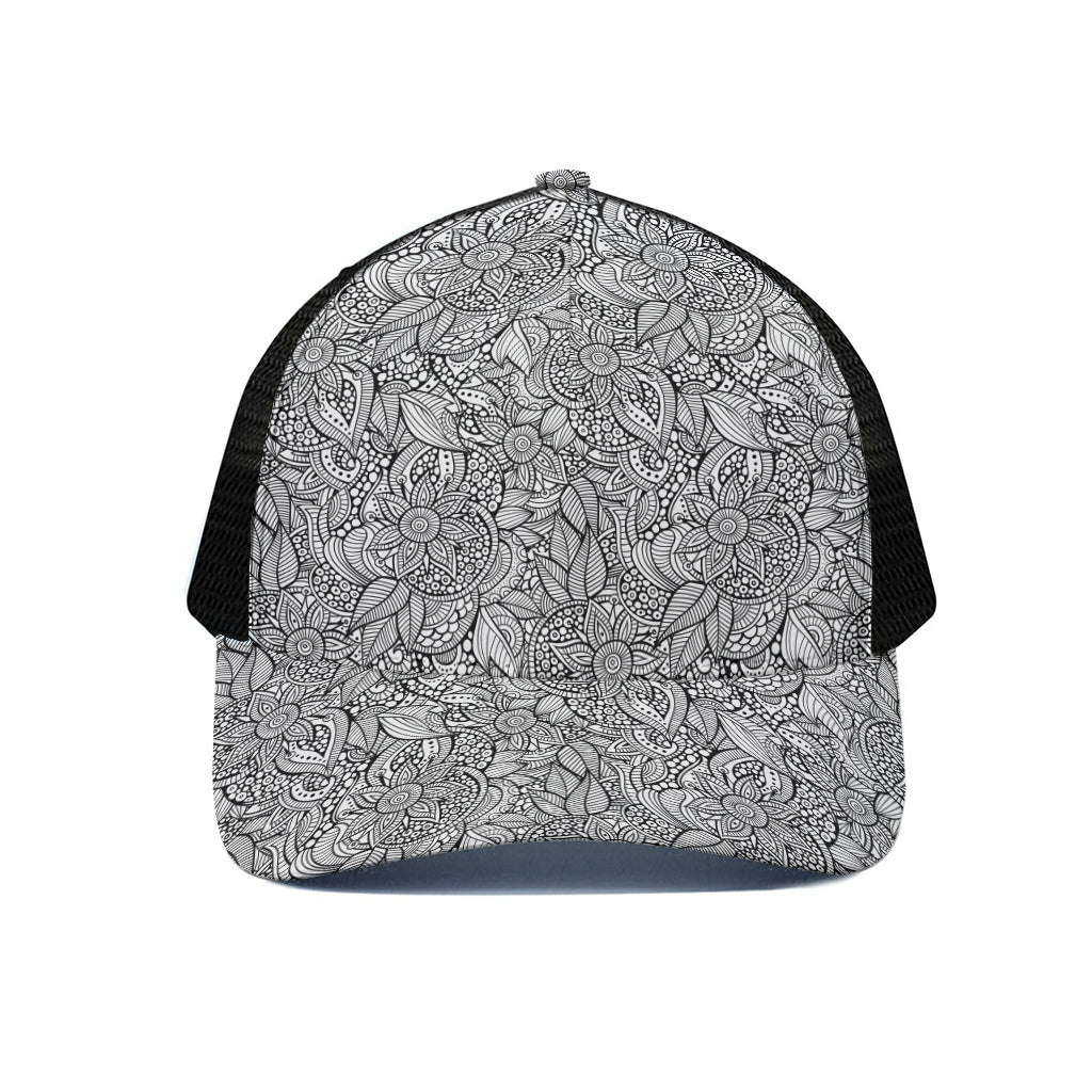 Monochrome Zentangle Pattern Print Black Mesh Trucker Cap