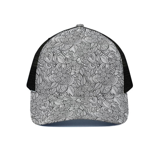 Monochrome Zentangle Pattern Print Black Mesh Trucker Cap