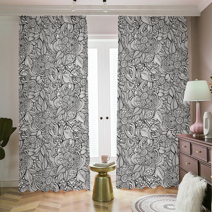 Monochrome Zentangle Pattern Print Blackout Pencil Pleat Curtains