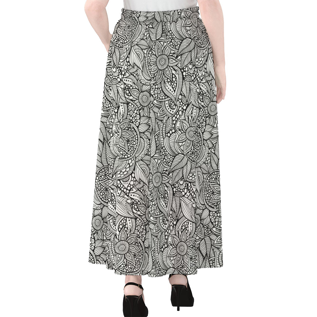 Monochrome Zentangle Pattern Print Chiffon Maxi Skirt