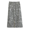 Monochrome Zentangle Pattern Print Cotton Front Slit Maxi Skirt