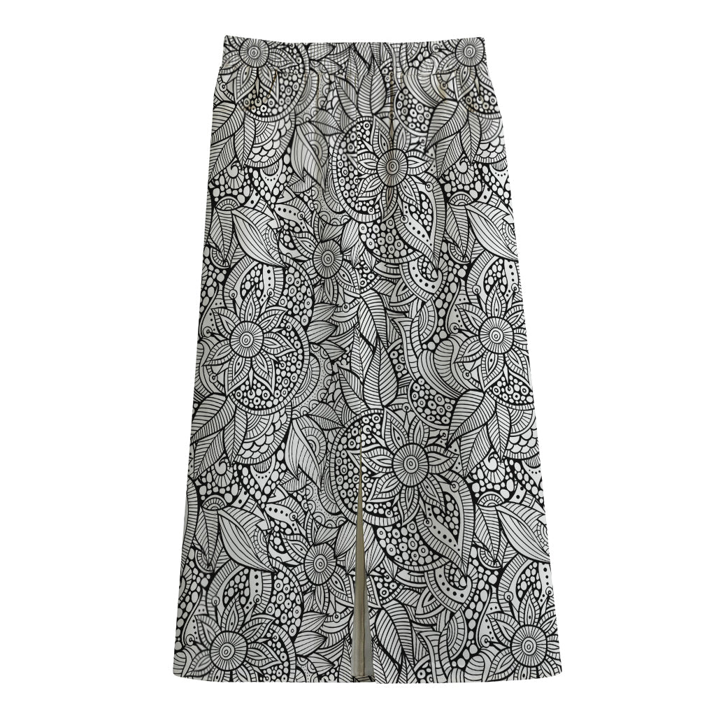 Monochrome Zentangle Pattern Print Cotton Front Slit Maxi Skirt